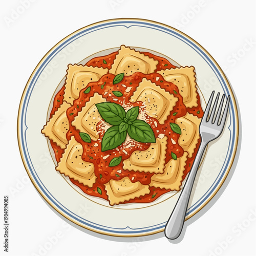 A top-down view of a plate of ravioli with tomato sauce and fresh basil. isolated on a white background. PNG