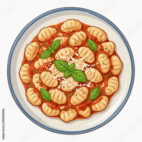 Delicious Gnocchi with tomato sauce, basil, and cheese on a plate. isolated on a white background. PNG
