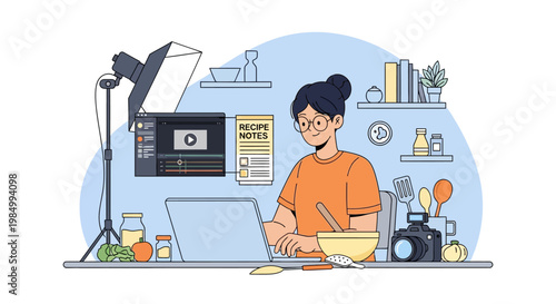 A woman is creating a cooking video, editing footage on her laptop with professional lighting and camera equipment.