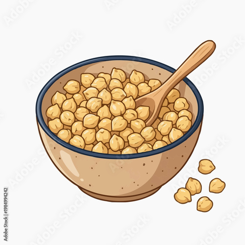 A bowl of chickpeas, with a wooden spoon inside and some chickpeas spilling over. isolated on a white background. PNG