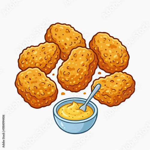Crispy golden chicken nuggets served with a side of creamy yellow sauce. isolated on a white background. PNG