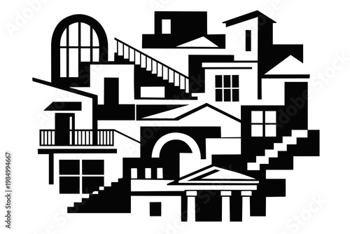 Abstract Architecture Vector Illustration, Geometric Cityscape, Urban Buildings and Modern Minimal Black and White Design