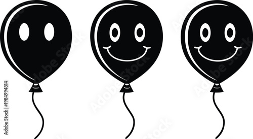 Set of three black balloon animals with white eyes and smiles