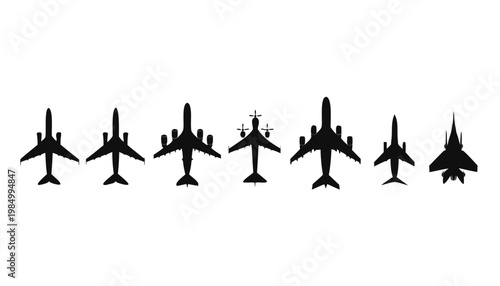 Airplane silhouettes various positions styles white background vector set