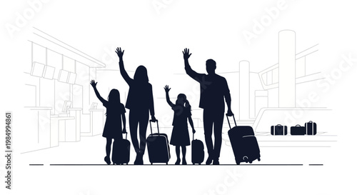 Silhouette of a happy family waving goodbye with suitcases.