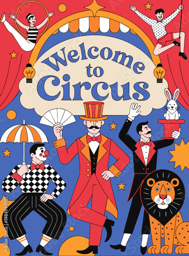 Colorful circus poster with performers animals clown ringmaster magician vector