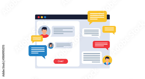 Flat vector illustration showing an online communication platform with various chat bubbles and user profile icons