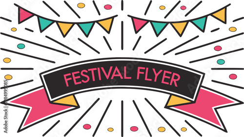 Vibrant festival flyer with colorful banners and lights