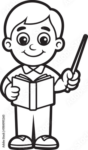 Cute student boy reading book and pointing cartoon outline