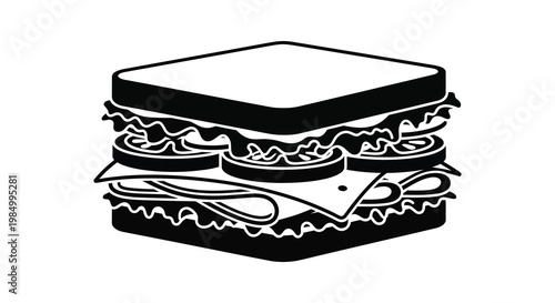 A detailed black and white illustration of a stacked sandwich silhouette