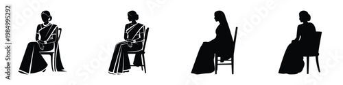 Sitting Indian Woman Silhouette in Saree Vector Set – Traditional Female Figure, Ethnic Fashion Illustration, Cultural Lady Sitting on Chair, Black Icon Art