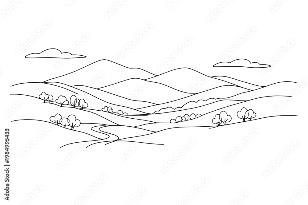 Fototapeta premium 2D Minimalist Line Art Landscape with Mountains, Rolling Hills and River in Clean Outline Style