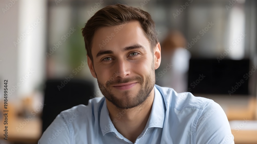 Obraz premium Smiling male professional in a modern office setting conveying confidence and success during a collaborative work day