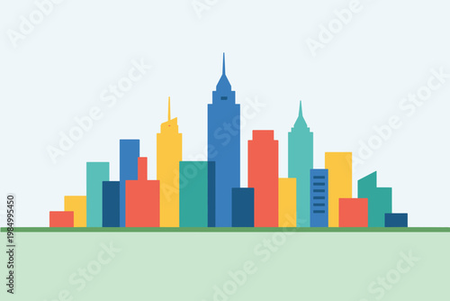 Colorful Urban Skyline Illustration, Minimal Cityscape with Skyscrapers and Contemporary Architecture Design