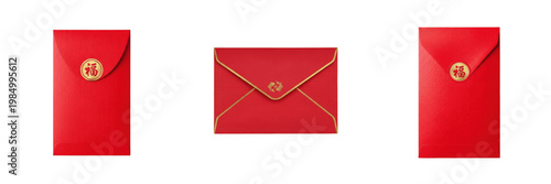 Photos Set of Traditional Red Envelopes with Gold Chinese Calligraphy for Lunar New Yea