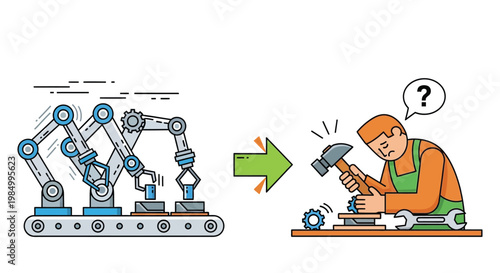 Modern robotic automation replacing the labor of a confused worker in this flat vector graphic illustration