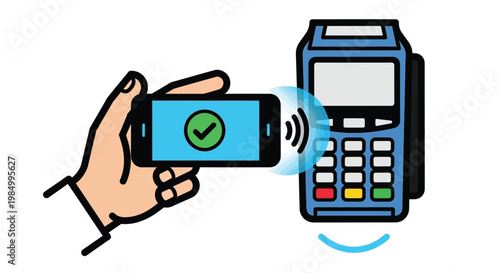 A flat vector illustration depicting a hand using a smartphone for contactless mobile payment terminal transaction
