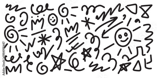 Abstract black color line doodle seamless pattern set. Creative fun squiggle style drawing background collection with basic shape symbol. Simple geometric scribble wallpaper print in eps 10.