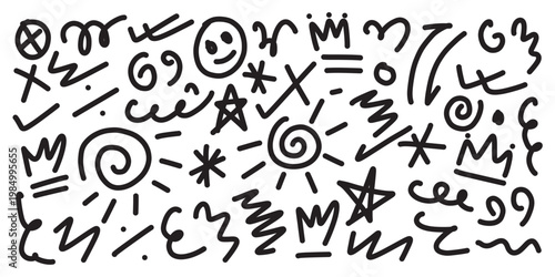 Abstract black color line doodle seamless pattern set. Creative fun squiggle style drawing background collection with basic shape symbol. Simple geometric scribble wallpaper print in eps 10.