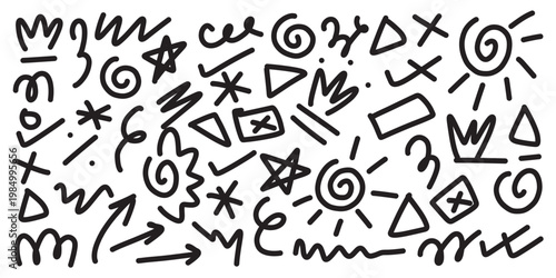 Abstract black color line doodle seamless pattern set. Creative fun squiggle style drawing background collection with basic shape symbol. Simple geometric scribble wallpaper print in eps 10.