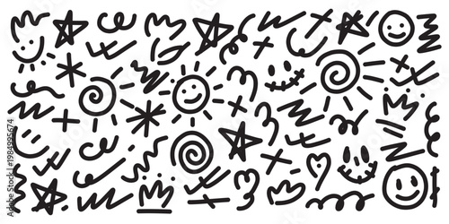 Abstract black color line doodle seamless pattern set. Creative fun squiggle style drawing background collection with basic shape symbol. Simple geometric scribble wallpaper print in eps 10.