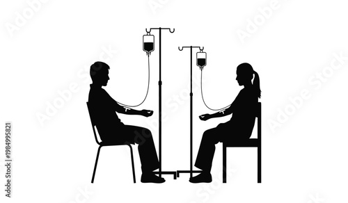A stark depiction shows two individuals seated in chairs receiving intravenous drips highlighting a shared medical experience a silhouette high quality professional detailed modern