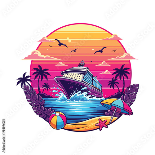 A vibrant illustration depicts a cruise ship sailing toward a colorful sunset with palm trees