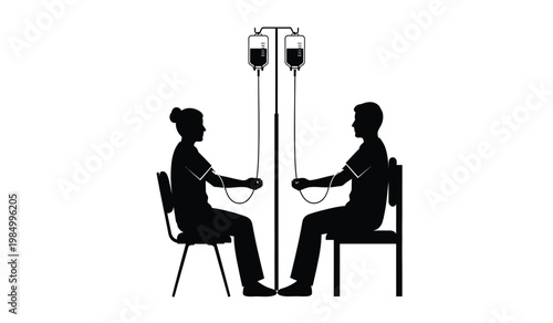 A stark depiction shows two individuals seated facing each other connected by iv drips representing a poignant and symbolic relationship silhouette high quality professional