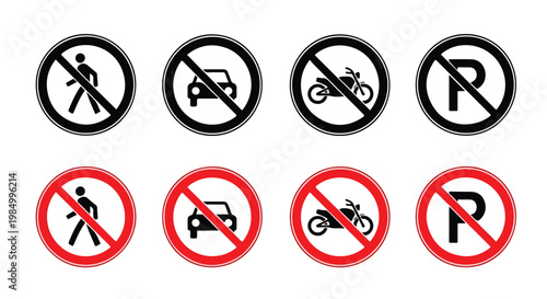 Various traffic and parking restriction signs including no walking, no parking, no motorcycles, and no bicycles
