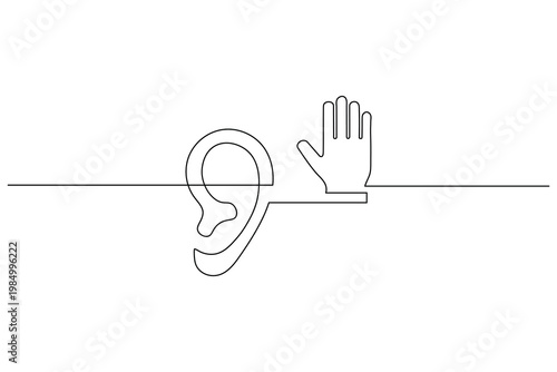 Ear with hand covering it continuous line art hearing listening