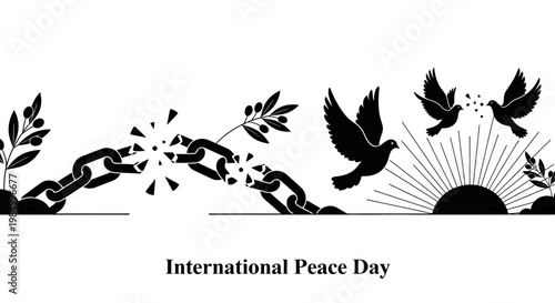 International Peace Day illustration with broken chains and flying doves.