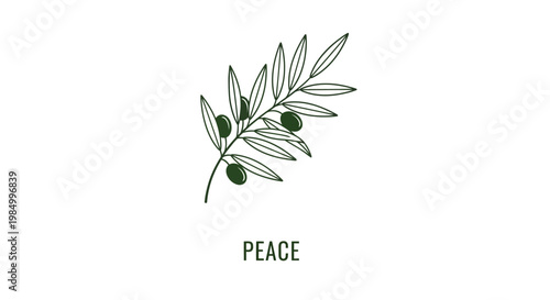 Hand drawn olive branch sketch with the word peace written below.