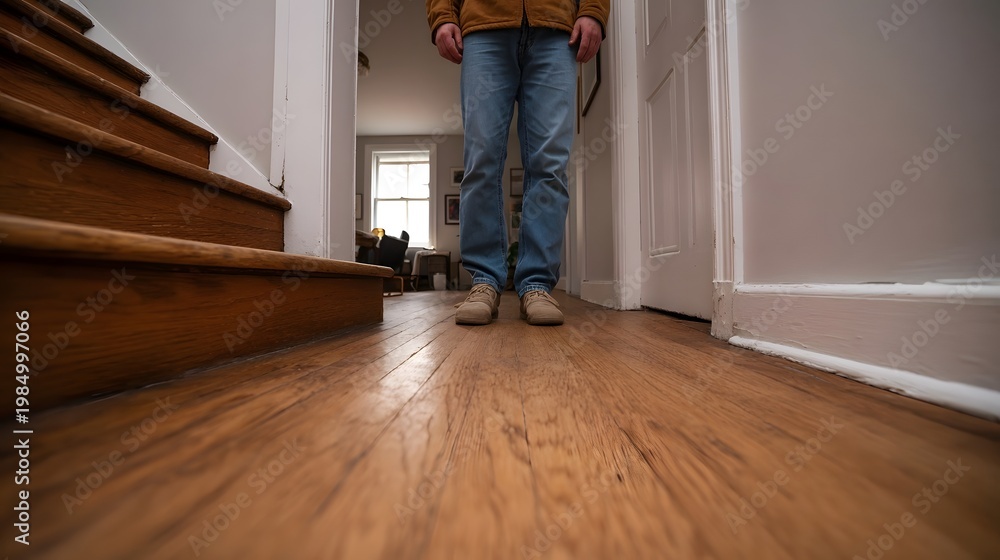 Fototapeta premium A view down a cozy well lit wooden hallway showing natural stairs and a person standing in the entryway