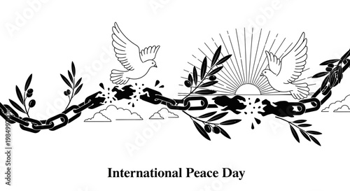 International Peace Day concept with broken chains and doves.