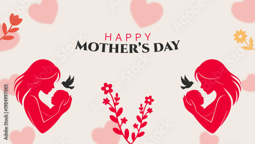 happy mothers day red silhouette mother and baby greeting design, elegant motherhood illustration with floral and heart elements, mother and child love concept modern minimal vector background, stylis