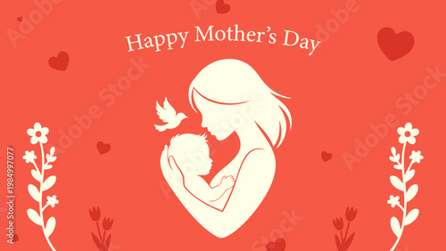 happy mothers day greeting card with mother and baby silhouette, modern mothers day illustration with floral and heart elements, mother and child love concept minimal vector design, elegant motherhood