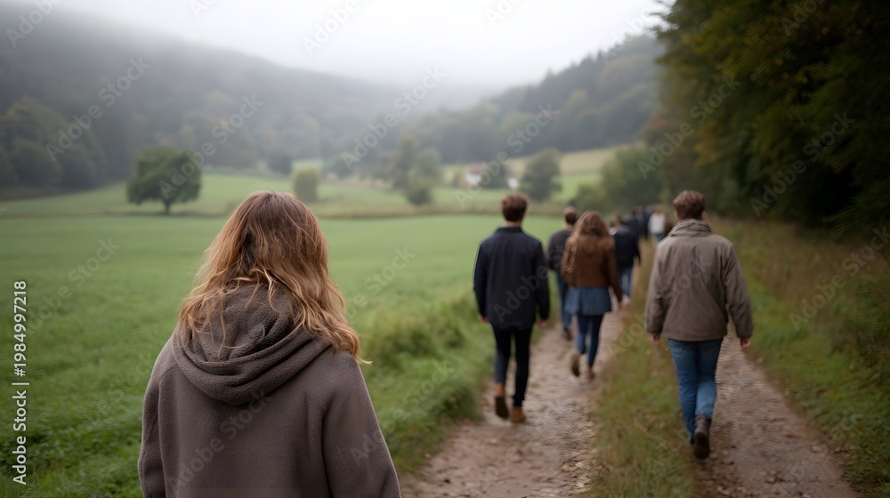 Fototapeta premium A group of friends walks down a rural dirt path through a foggy autumnal landscape