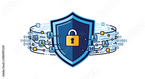 Vector graphic illustrating robust cybersecurity measures with a shield, padlock, and protected user data