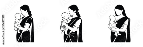 Indian Mother Holding Baby Vector Illustration – Traditional Woman in Saree with Child, Black and White Silhouette Depicting Motherhood, Family Love, and Maternal Care Design