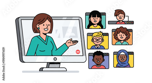 Professional woman presenting during an online meeting with diverse colleagues on a computer screen illustration