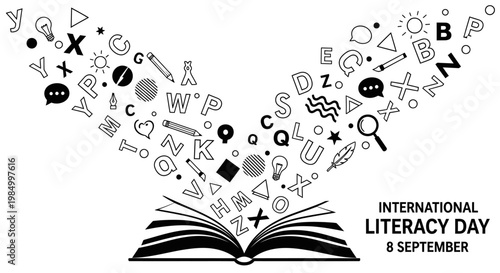 Open book with flying letters and educational symbols for International Literacy Day.