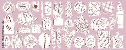 Bread set stickers with baguette, wheat and rye buns, ciabatta, pastry in craft paper bag, on cutting board. Brown line doodle flat retro elements with white outline. Hand drawn bakery collection