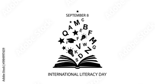 International Literacy Day design with an open book and floating letters.