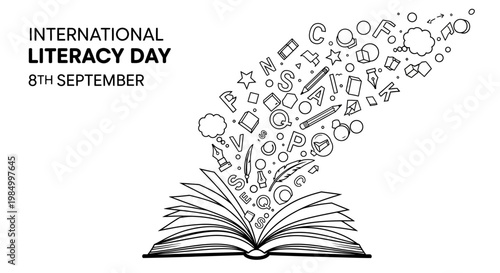 Open book with floating education doodles for International Literacy Day.