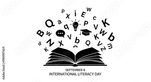Open book with floating letters and icons for International Literacy Day.