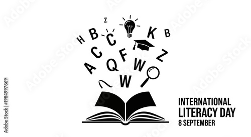 International Literacy Day creative design with an open book and flying letters.