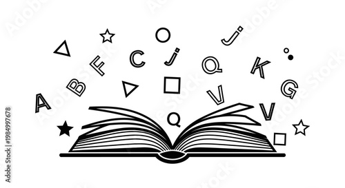 Open book with flying alphabet letters and geometric shapes illustration.