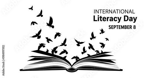 Open book with birds flying out silhouette for International Literacy Day.