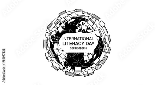 International Literacy Day design with a globe made of open books.