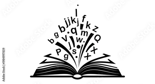 Open book with floating alphabet letters illustration.